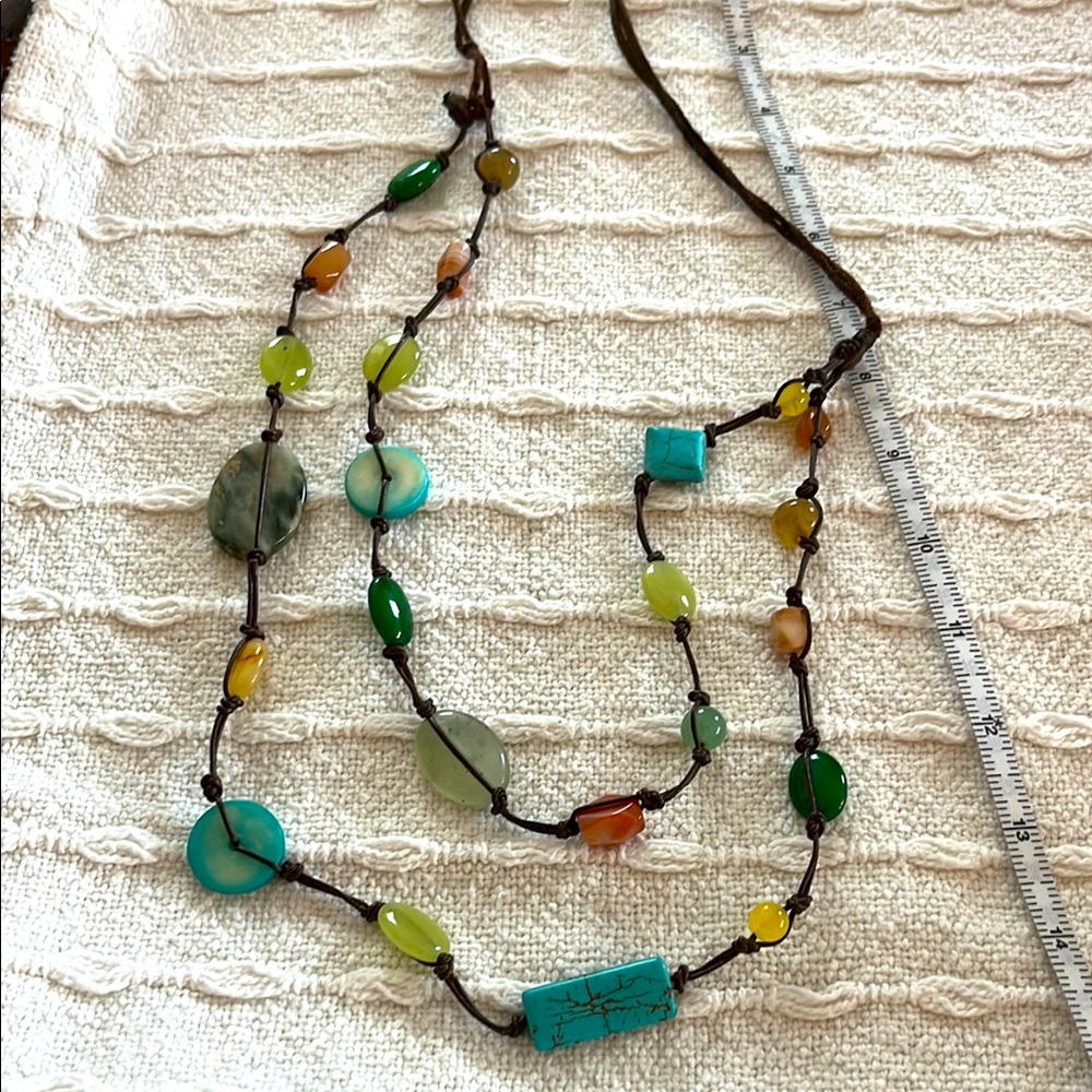 Necklace-Two strand colored glass and faux stone on suede knotted cord.